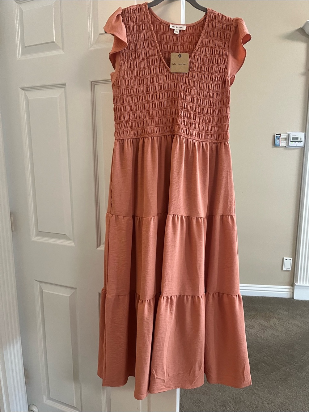 Blu Pepper Flutter-Sleeve Dress in Coral Pink with lining